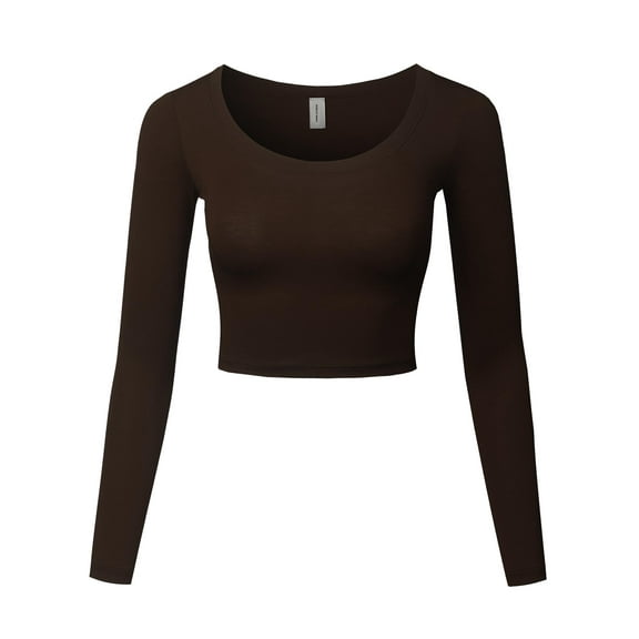 FashionOutfit Women's Made in USA Basic Casual Solid Stretchable Scoop Neck Long Sleeve Crop Top