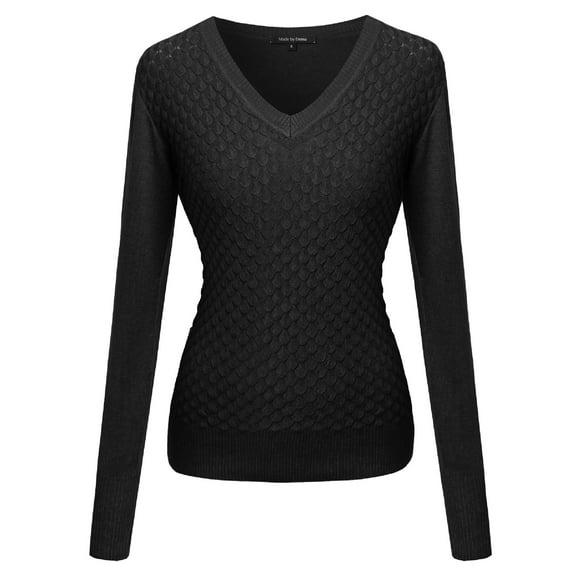 FashionOutfit Women's Mermaid Texture Patterned V-Neck Cotton Based Knit Sweater