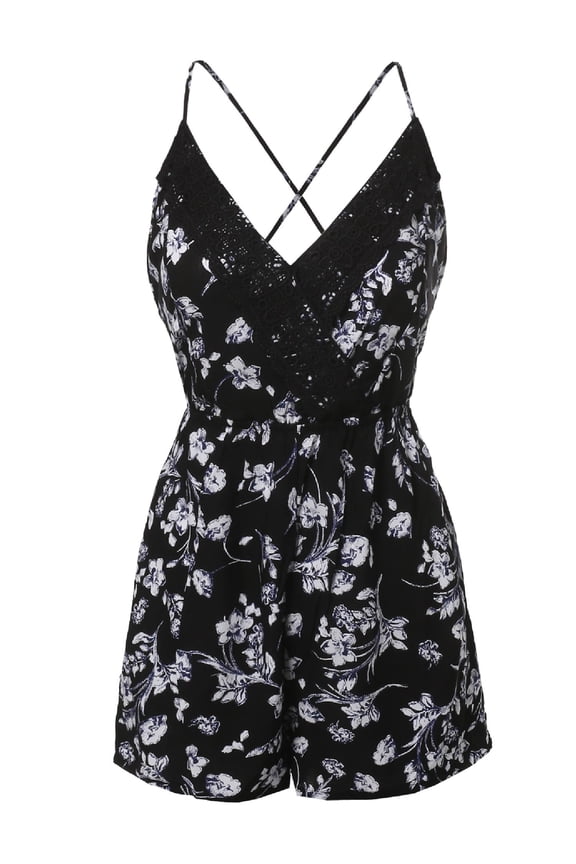 Women's Off-Shoulder Lace Up Open Back Floral Print Romper Jumpsuit