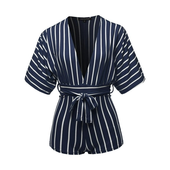 FashionOutfit Women's Pinstripe Print Dolman Sleeves Romper Beachwear One-piece Jumpsuit