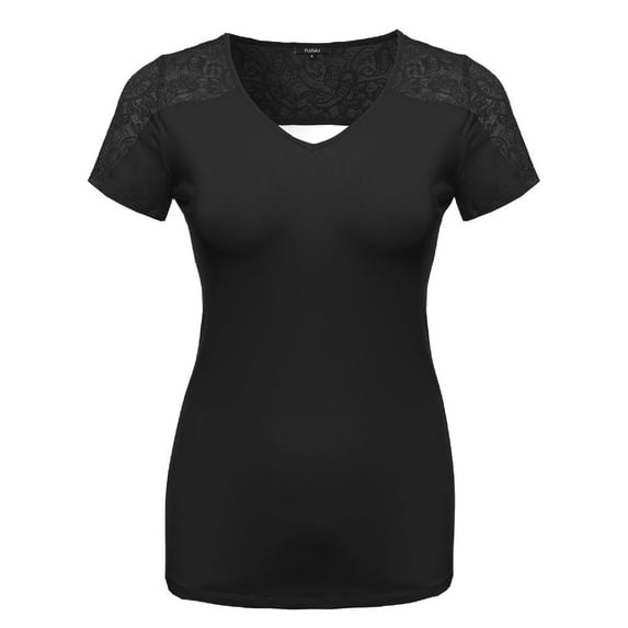 FashionOutfit Women's Plus Size Back Lace V-Neck Tee Shirt