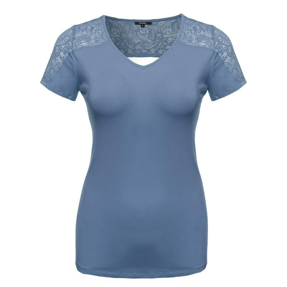 FashionOutfit Women's Plus Size Back Lace V-Neck Tee Shirt