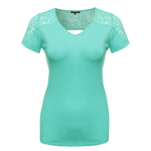 FashionOutfit Women's Plus Size Back Lace V-Neck Tee Shirt