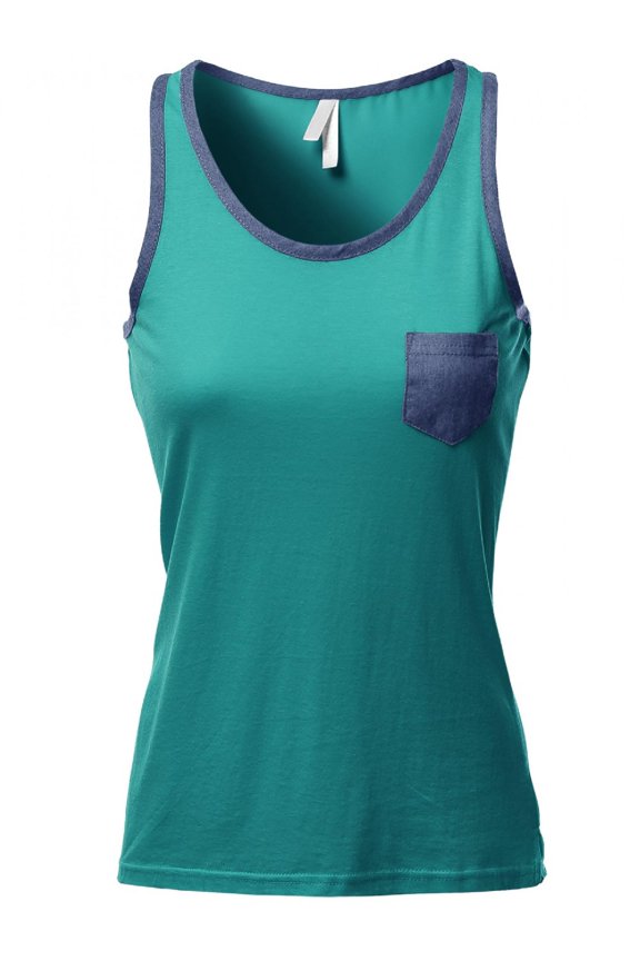 Women's Pocket Binding Color Contrast Round Neck Tank Tops