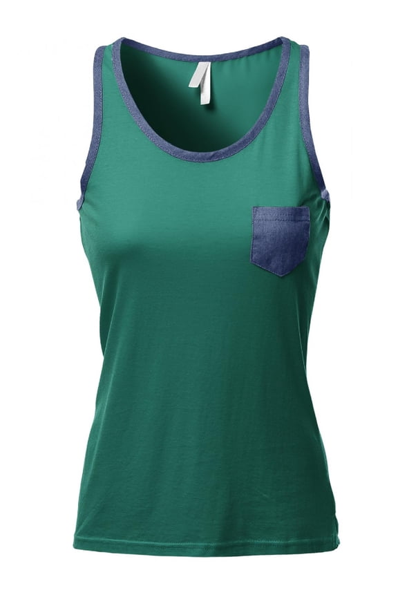 Women's Pocket Binding Color Contrast Round Neck Tank Tops