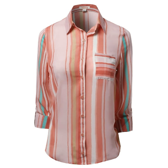 FashionOutfit Women's Roll Up Stripe Pattern Button Down Shirt Blouses