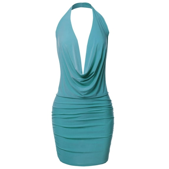 FashionOutfit Women's Sexy Halter Neck Ruched Bodycon Backless Party Cocktail Mini Dress