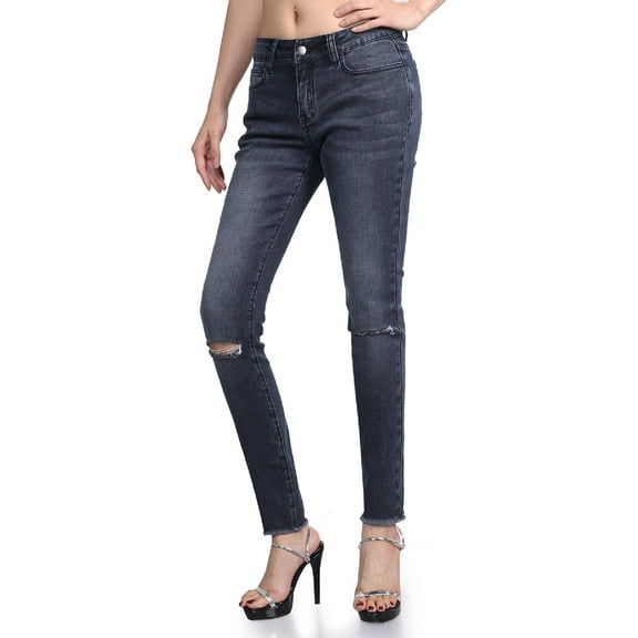 FashionOutfit Women's Skinny Dark Blue Sandwashed Distressed Jean