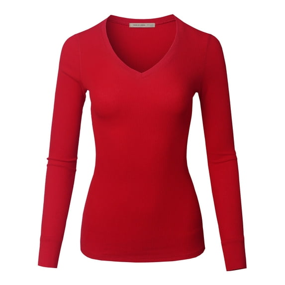 FashionOutfit Women's Solid Basic Fitted T-Shirt V-Neck Long Sleeves Thermal Top Shirts
