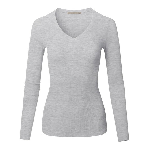 FashionOutfit Women's Solid Basic Fitted T-Shirt V-Neck Long Sleeves Thermal Top Shirts