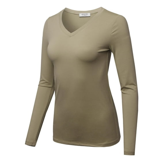 FashionOutfit Women's Solid Basic Fitted T-Shirt V-Neck Long Sleeves Top Shirts