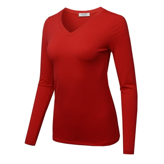 FashionOutfit Women's Solid Basic Fitted T-Shirt V-Neck Long Sleeves Top Shirts