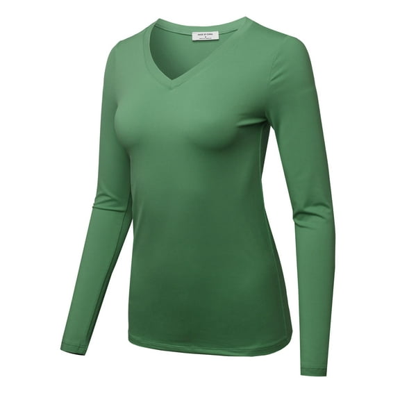 FashionOutfit Women's Solid Basic Fitted T-Shirt V-Neck Long Sleeves Top Shirts