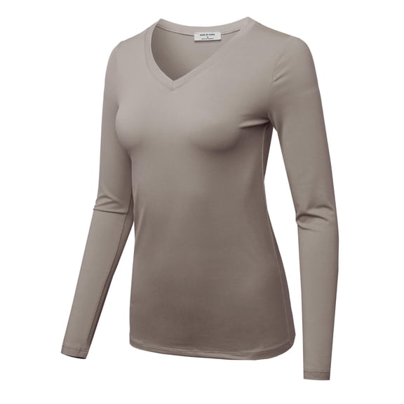 FashionOutfit Women's Solid Basic Fitted T-Shirt V-Neck Long Sleeves Top Shirts