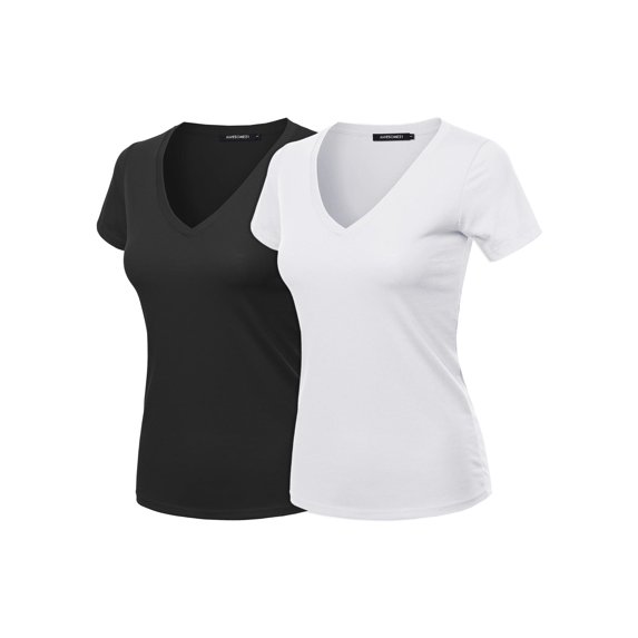 FashionOutfit Women's Solid Basic Lightweight V-Neck Short Sleeve Top