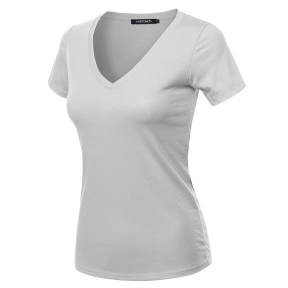 FashionOutfit Women's Solid Basic Lightweight V-Neck Short Sleeve Top