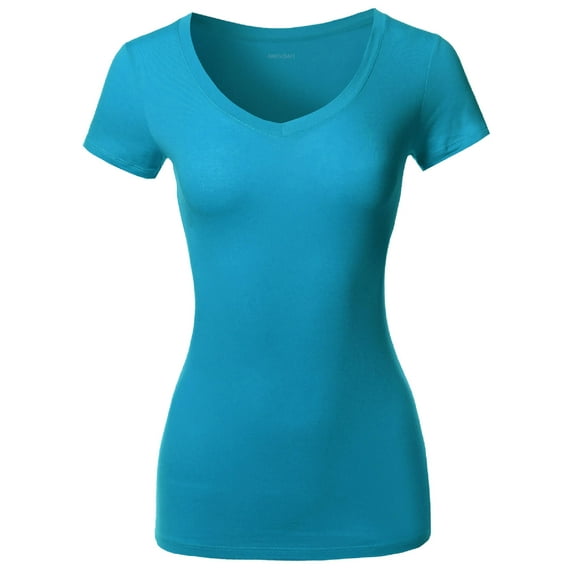 FashionOutfit Women's Solid Basic Various Colors V-Neck Short Sleeves Top