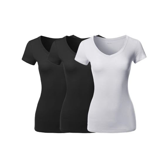 FashionOutfit Women's Solid Basic Various Colors V-Neck Short Sleeves Top