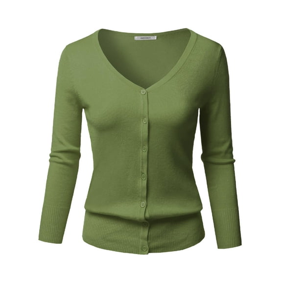 FashionOutfit Women's Solid Button Down V-Neck 3/4 Sleeves Knit Cardigan