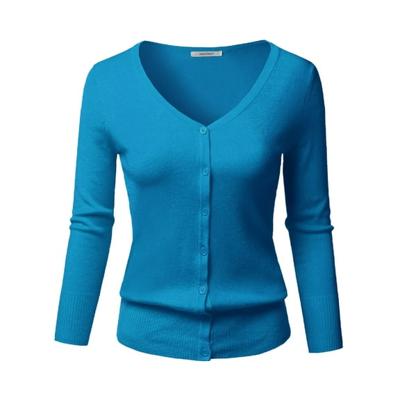FashionOutfit Women's Solid Button Down V-Neck 3/4 Sleeves Knit Cardigan