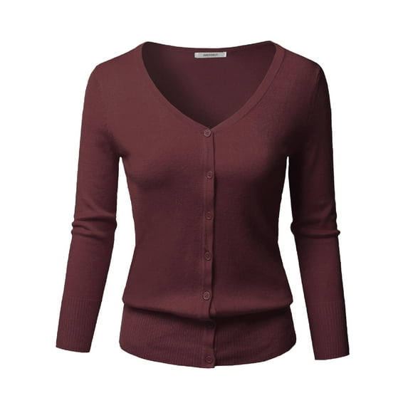 FashionOutfit Women's Solid Button Down V-Neck 3/4 Sleeves Knit Cardigan