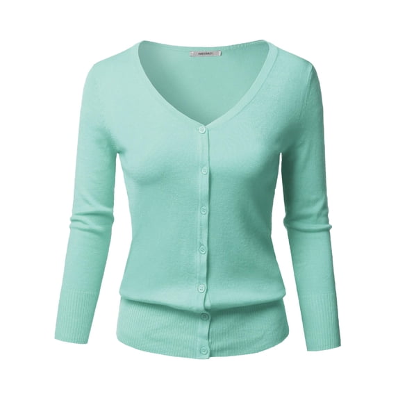 FashionOutfit Women's Solid Button Down V-Neck 3/4 Sleeves Knit Cardigan