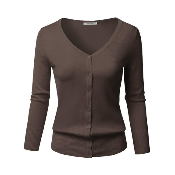 FashionOutfit Women's Solid Button Down V-Neck 3/4 Sleeves Knit Cardigan