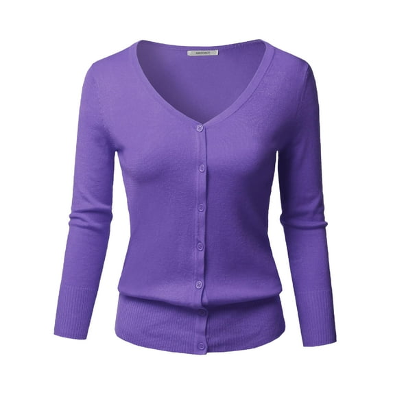 FashionOutfit Women's Solid Button Down V-Neck 3/4 Sleeves Knit Cardigan