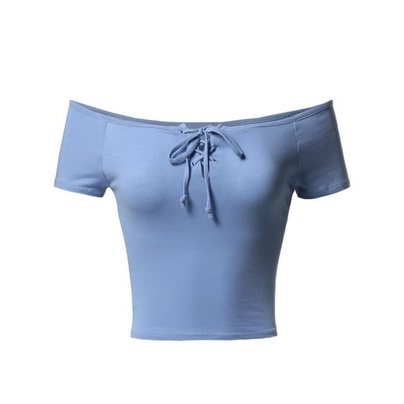 FashionOutfit Women's Solid Cap Sleeves Front Lace Up Detail Crop Top