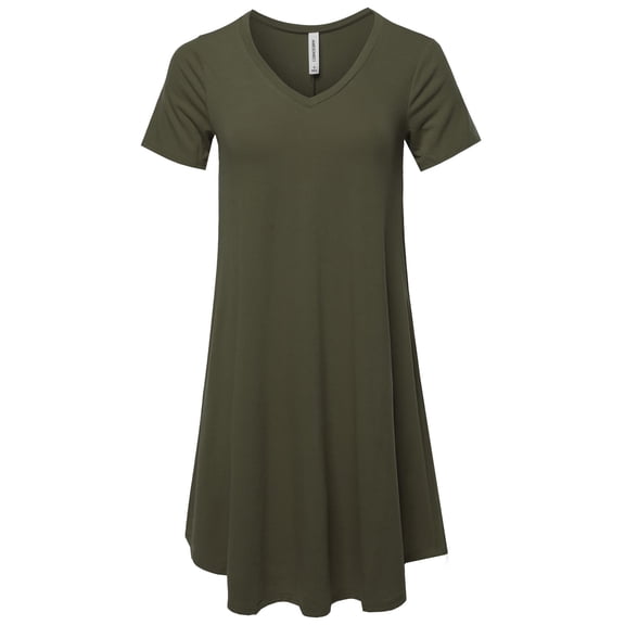 FashionOutfit Women's Solid Casual Plain Simple V-neck T-shirt Loose Dress