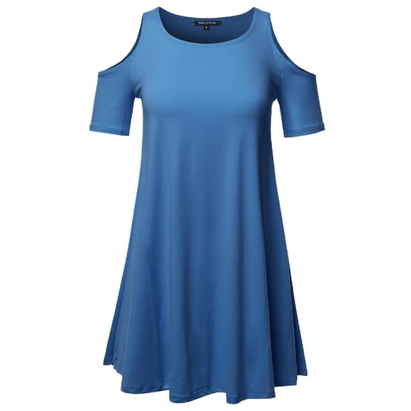 FashionOutfit Women's Solid Cold Shoulder Short Sleeves Swing Mini Dress