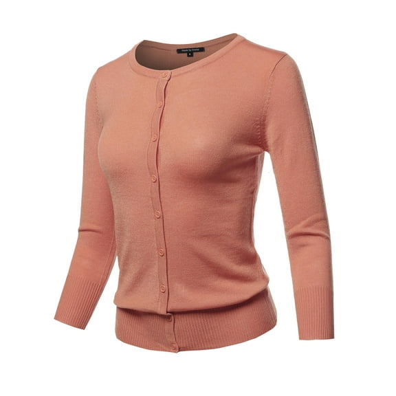 FashionOutfit Women's Solid Crew Neck Button Down 3/4 Sleeves Knit Cardigan
