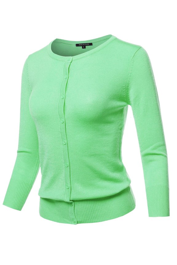 Women's Solid Crew Neck Button Down 3/4 Sleeves Knit Cardigan