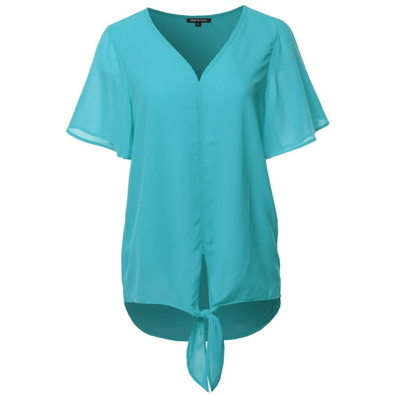 FashionOutfit Women's Solid Double Layer Chiffon Front Tie V-Neck Top