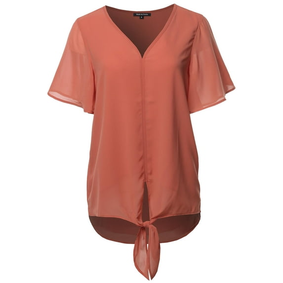 FashionOutfit Women's Solid Double Layer Chiffon Front Tie V-Neck Top