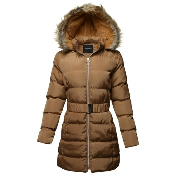FashionOutfit Women's Solid Faux Fur Lining Elastic Waist Belt Long Jacket