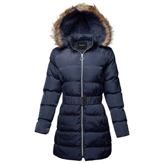 FashionOutfit Women's Solid Faux Fur Lining Elastic Waist Belt Long Jacket