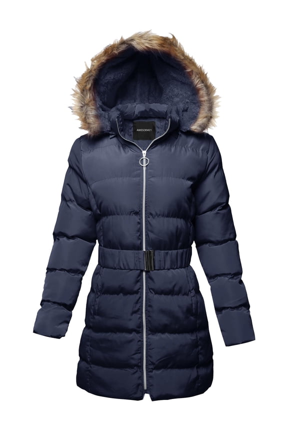 Women's Solid Faux Fur Lining Elastic Waist Belt Long Jacket