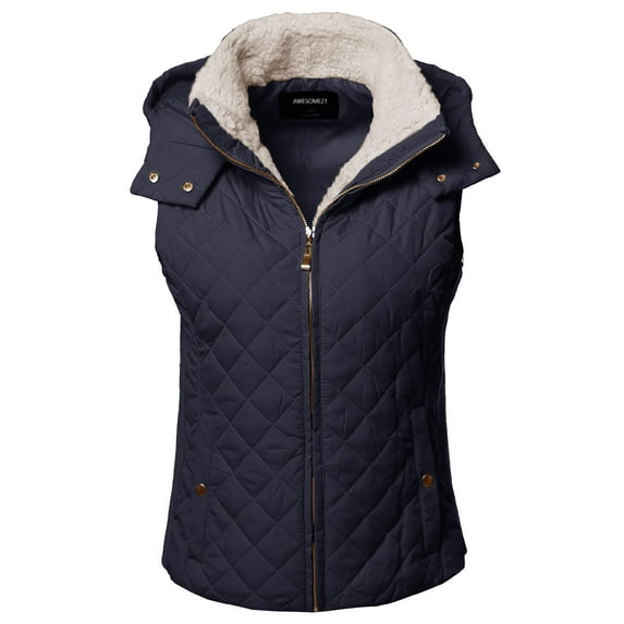 FashionOutfit Women's Solid Full Zip Up Closure Faux Shearing Lined Quilted Padding Hoodie Vest