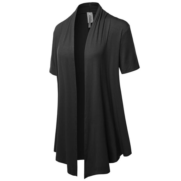 FashionOutfit Women's Solid Jersey Knit Draped Open Front Short Sleeves Cardigan