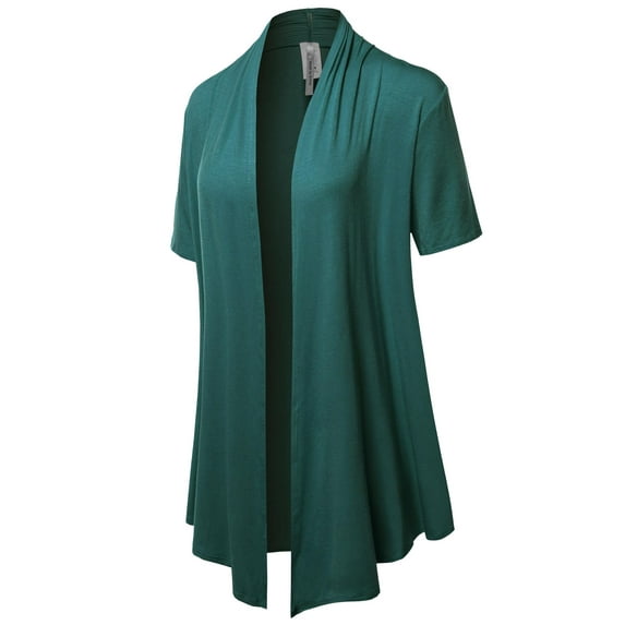 FashionOutfit Women's Solid Jersey Knit Draped Open Front Short Sleeves Cardigan