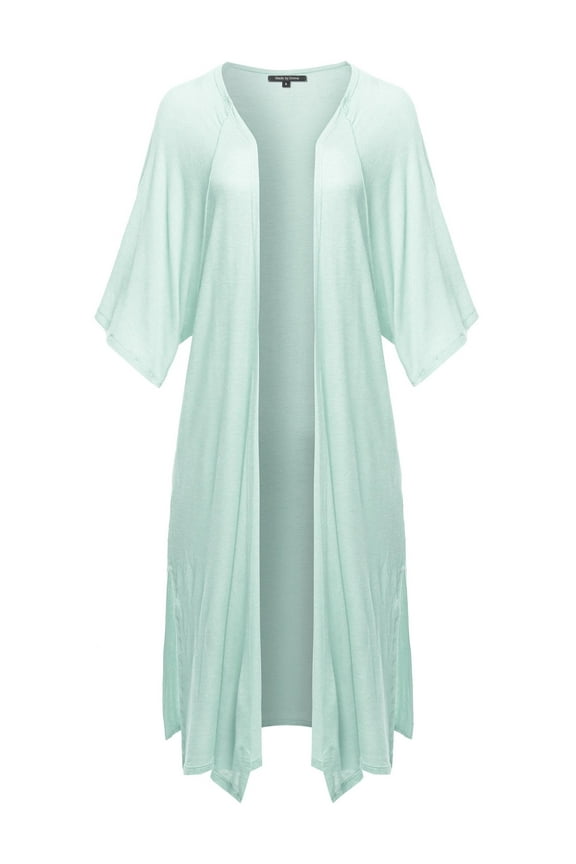 Women's Solid Kimono 3/4 Sleeves Wrap Side Slits Long Cardigan