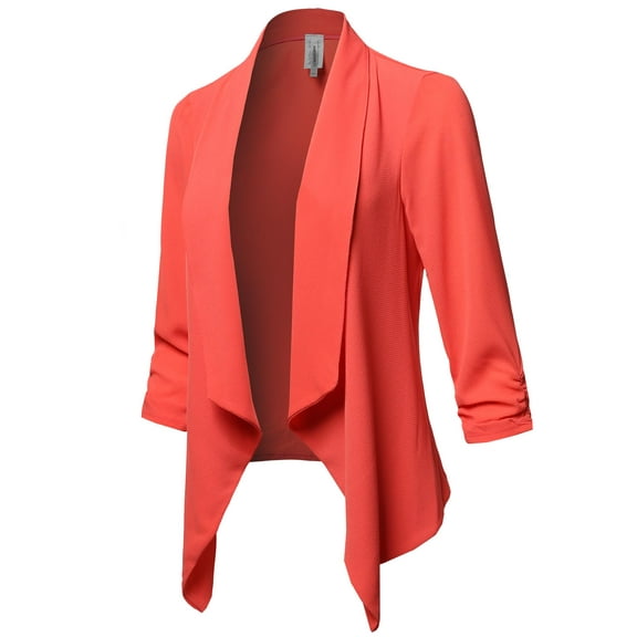 FashionOutfit Women's Solid Lightweight 3/4 Ruched Sleeves Thin Cardigan Blazer