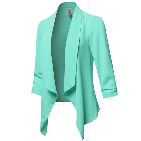 FashionOutfit Women's Solid Lightweight 3/4 Ruched Sleeves Thin Cardigan Blazer