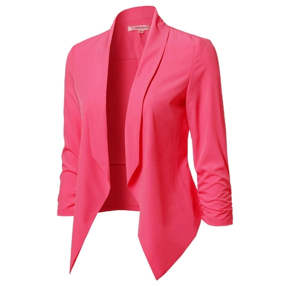 FashionOutfit Women's Solid Lightweight Open Front Shirring Sleeve Blazer