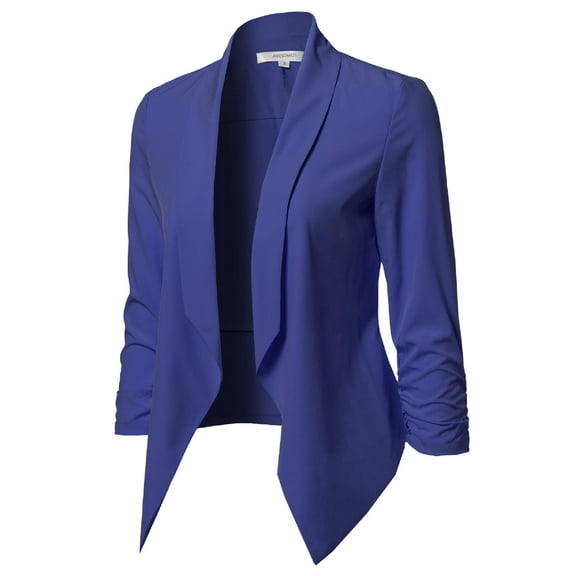 FashionOutfit Women's Solid Lightweight Open Front Shirring Sleeve Blazer