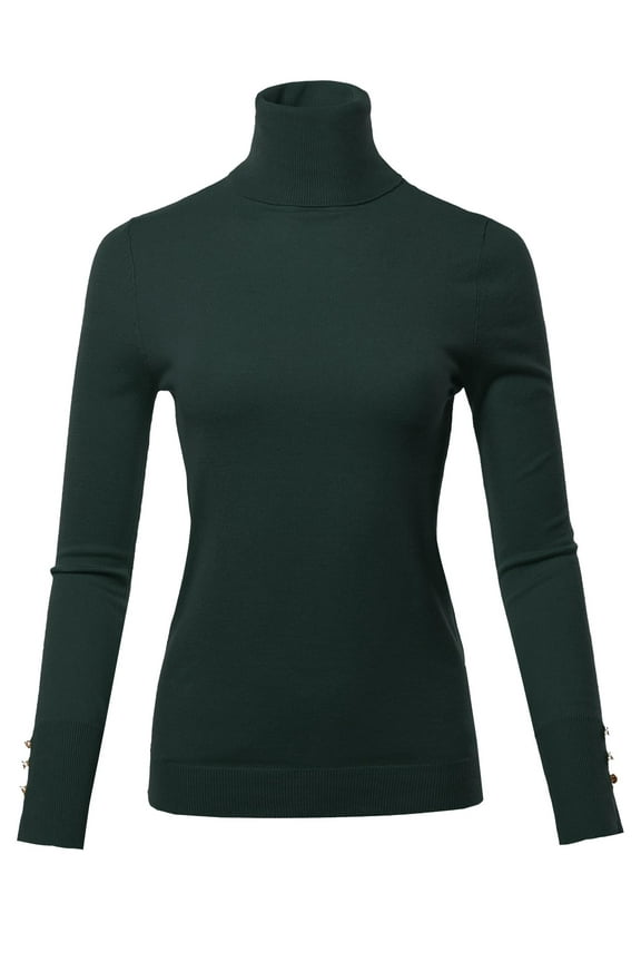 Women's Solid Long Sleeve Gold Button Detail Turtle Neck Viscose Sweater Top