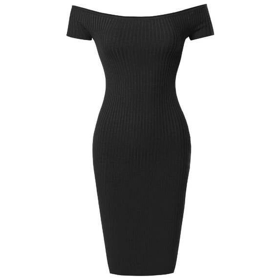 FashionOutfit Women's Solid Midweight Stretch Ribbed Off Shoulder Bodycon Midi Dress