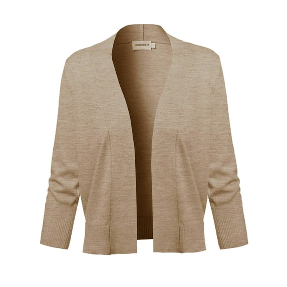 FashionOutfit Women's Solid Open Front Soft Stretch 3/4 Sleeve Layer Short Cardigan