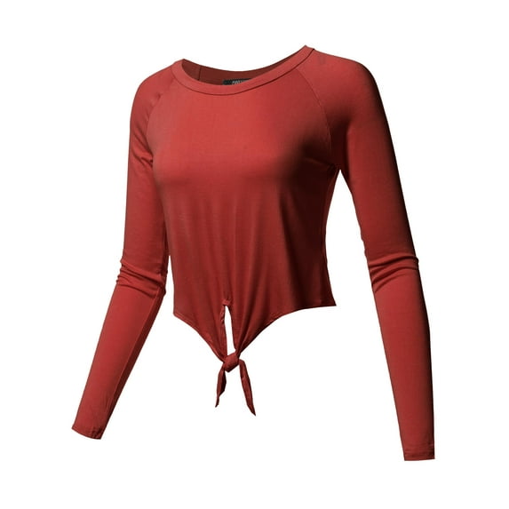 FashionOutfit Women's Solid Raglan Long Sleeves Tie Front Crop Top